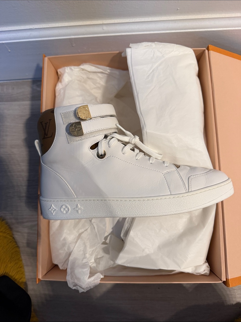 Louis Vuitton White Leather High-Top Sneaker with Brown Monogram Heel
